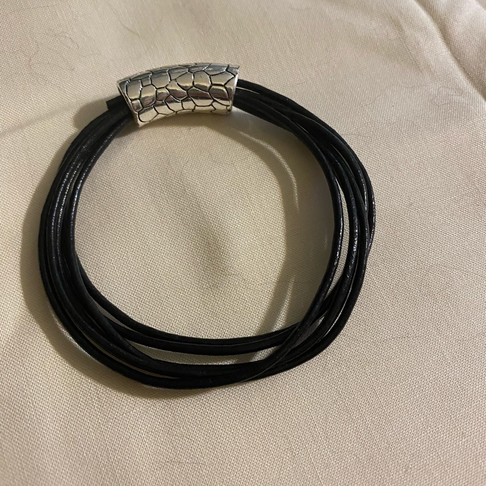 Silver and Black Leather straps bracelet